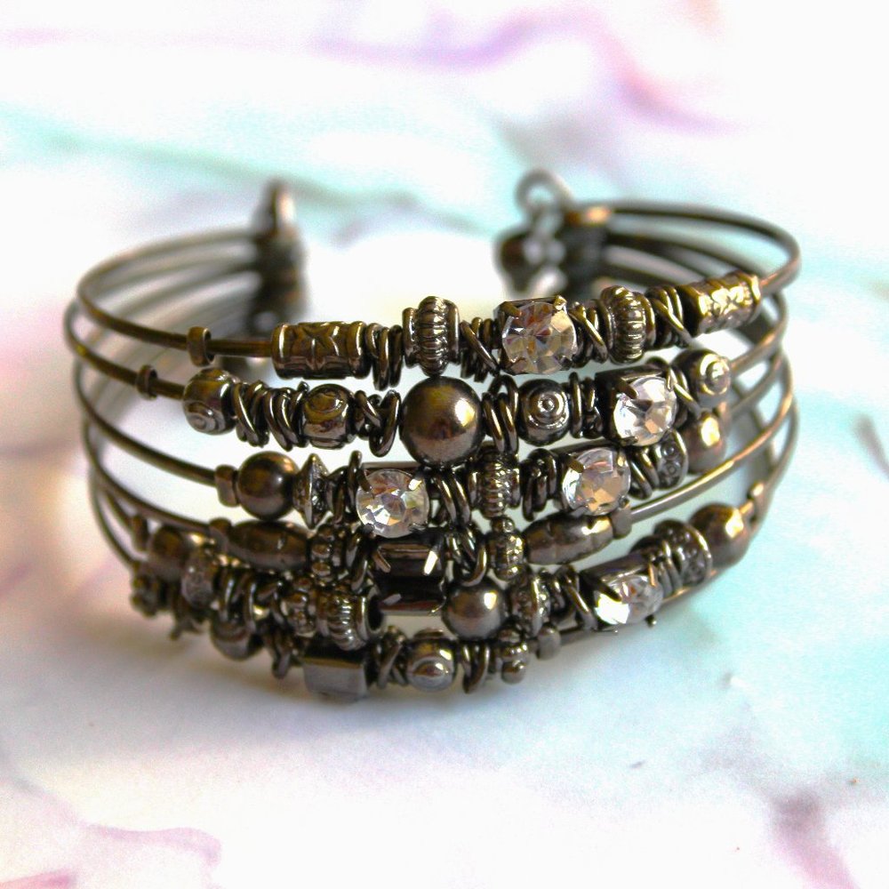 Gunstock Metal Bead and Rhinestone Cuff Bracelet